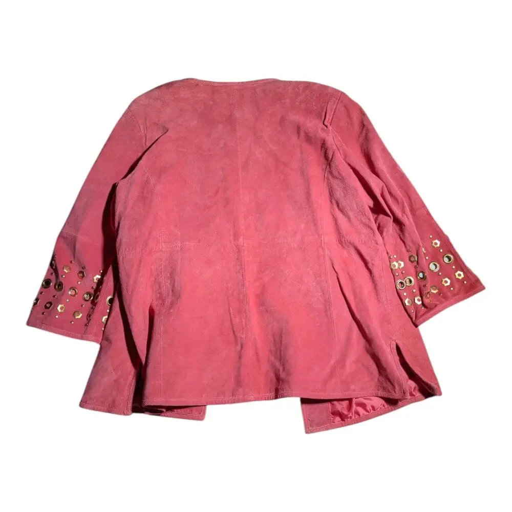 Vtg Y2K Linea by Louis Dell'Olio Pink Suede Grommet Detail Open Front Jacket XL